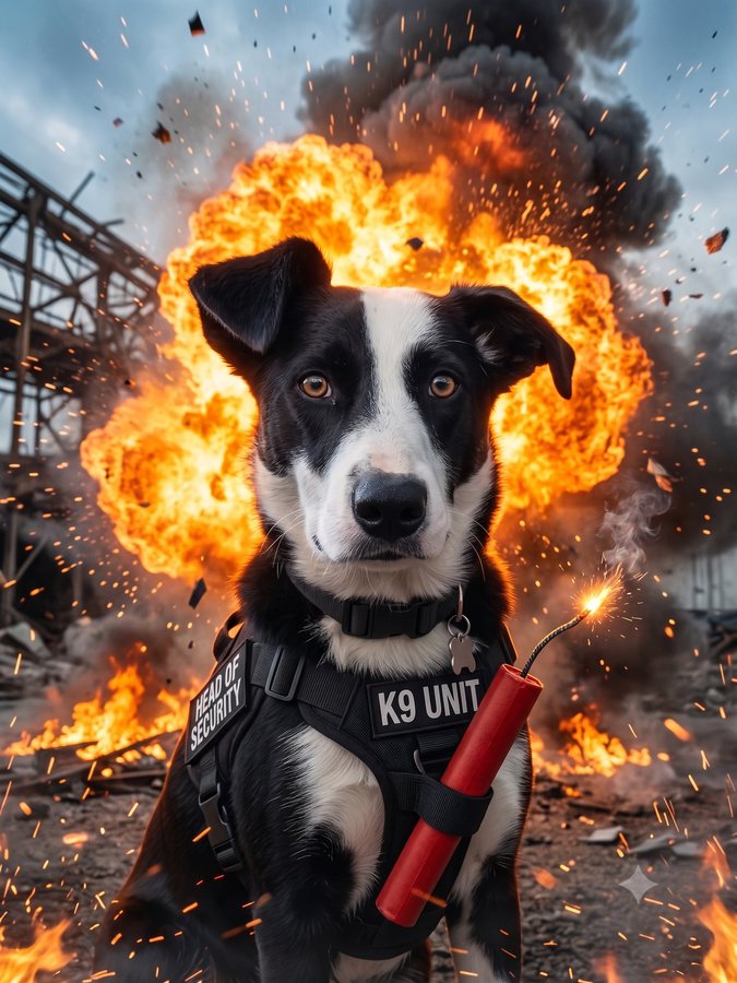 Luna, Thomas's dog, in K9 security gear