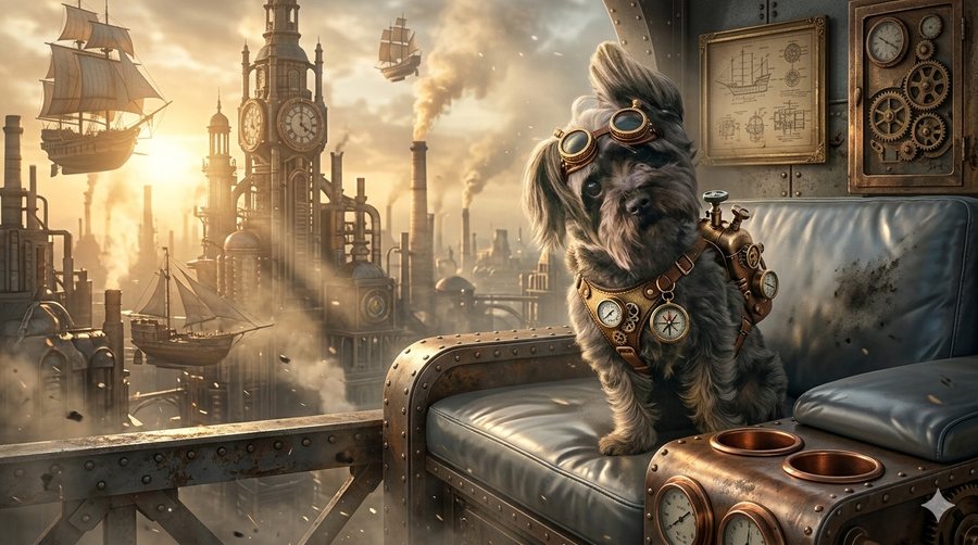 Rovie, Thomas's dog, in steampunk attire